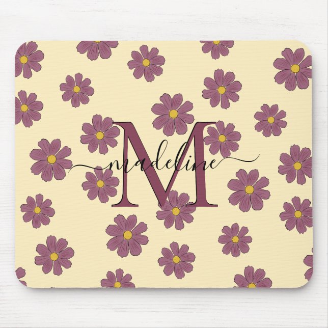 Monogrammed Name & Initial Cute Flowery Pattern Mouse Pad (Front)