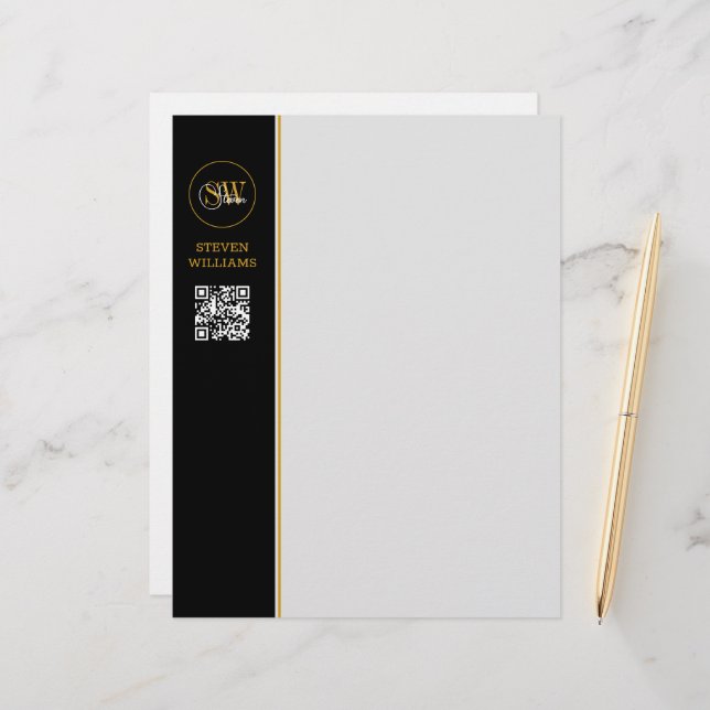 Monogrammed Name & Modern Signature / QR Code Custom Letterhead (Front/Back In Situ)