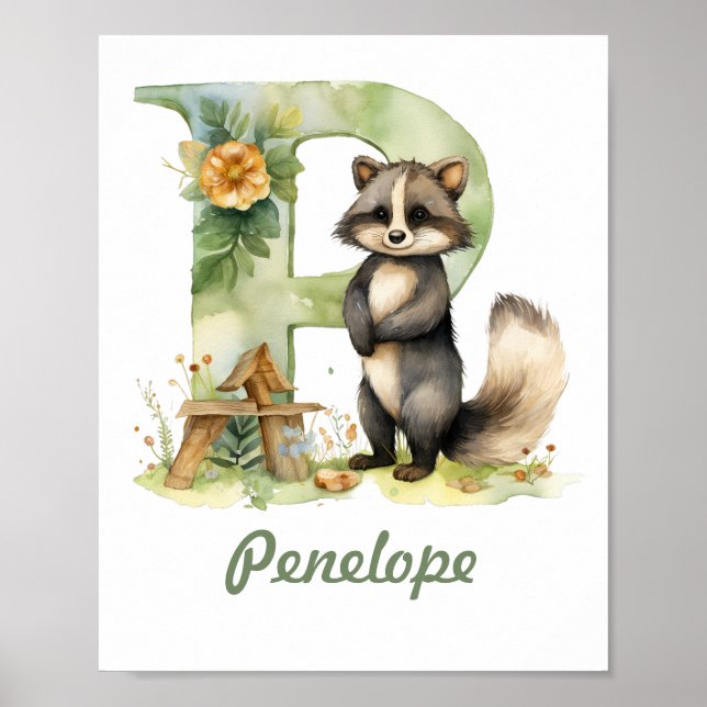 Monogrammed Name Nursery Poster Woodland Letter P (Front)
