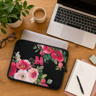 Monogrammed Name Pink Floral Custom Gift for Her Laptop Sleeve