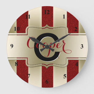 Monogrammed Name Red Glitter Gold Stripes Large Clock