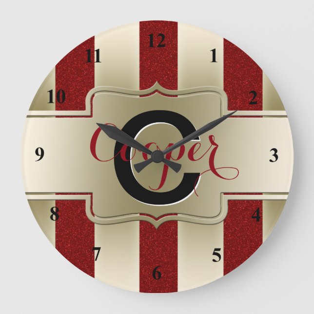 Monogrammed Name | Red Glitter Gold Stripes Large Clock (Front)