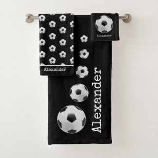 Monogrammed name Soccer football black Bath Towel Set