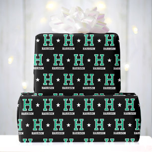 Monogrammed Name Star Green Black Custom Wrapping Paper