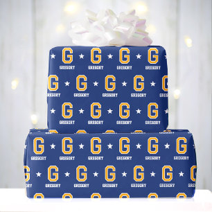 Monogrammed Name Star Navy Gold Custom Wrapping Paper