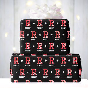 Monogrammed Name Star Red Black Custom Wrapping Paper