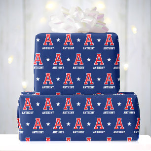 Monogrammed Name Star Red Navy Custom Wrapping Paper