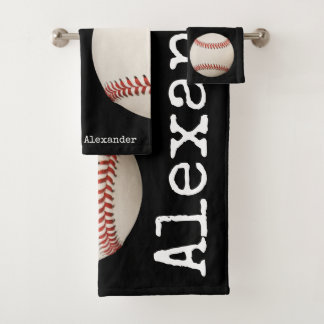 Monogrammed name, Vintage Baseball  Black Bath Towel Set