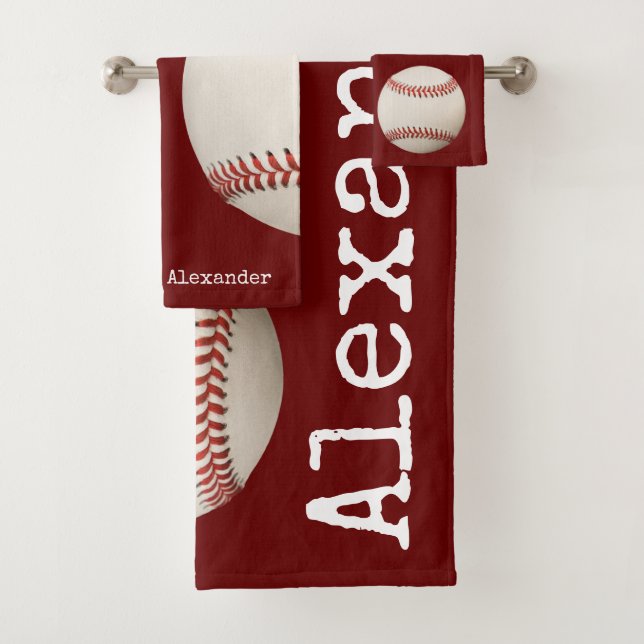 Monogrammed name, Vintage Baseball  Maroon rust Bath Towel Set (Insitu)