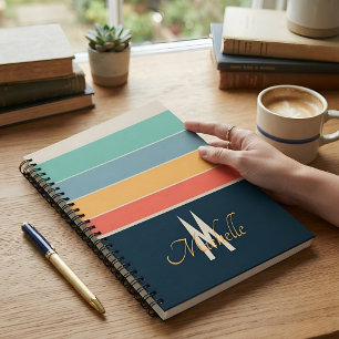 Monogrammed Name Vintage Navy & Coral Stripes Notebook