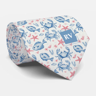 Monogrammed Nautical Blue and Red Crabs & Starfish Tie