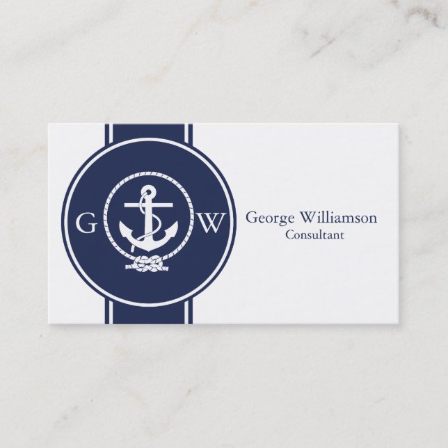 Monogrammed Nautical Navy Blue Anchor and Line Business Card (Front)