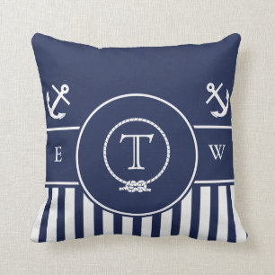Monogrammed Nautical Navy Blue Anchor and Line Cushion