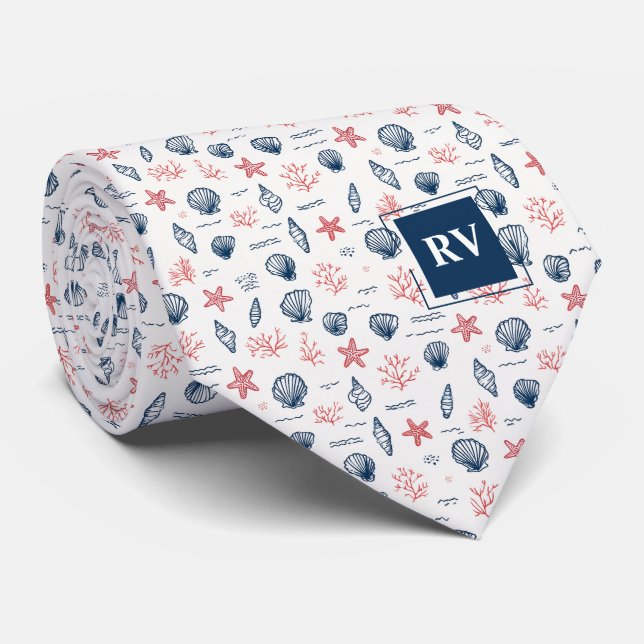 Monogrammed Nautical Shells & Starfish Tie (Rolled)