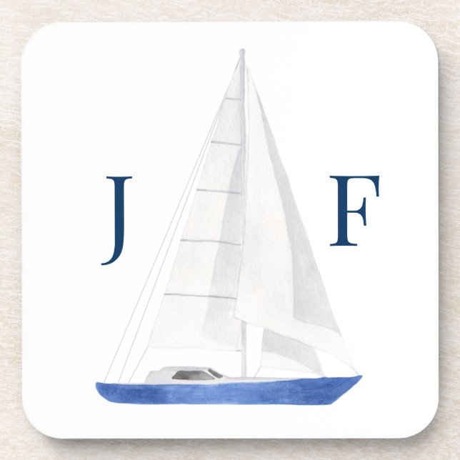 Monogrammed Nautical Watercolor Sail Boat  Coaster (Front)