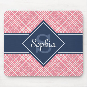 Monogrammed Navy Blue and Pink Diamond Pattern Mouse Pad