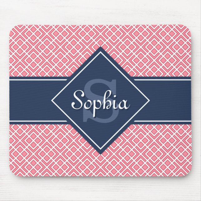 Monogrammed Navy Blue and Pink Diamond Pattern Mouse Pad (Front)