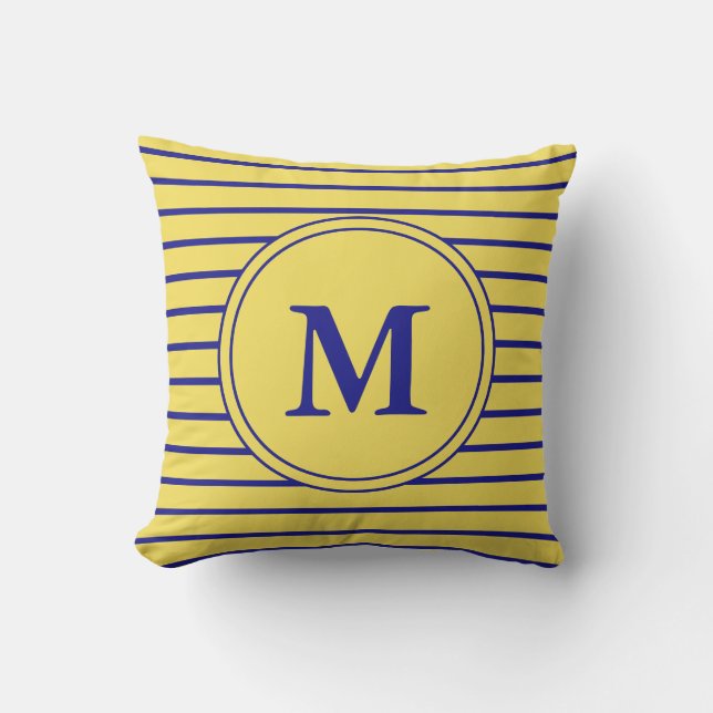 Monogrammed Navy Blue and Yellow Striped Pattern Cushion (Front)