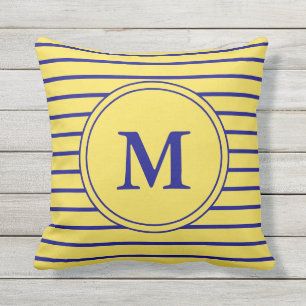 Monogrammed Navy Blue and Yellow Striped Pattern Cushion