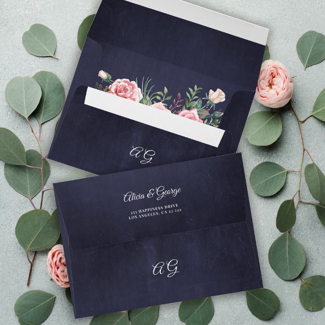 Monogrammed navy blue blush pink floral wedding envelope (Creator Uploaded)