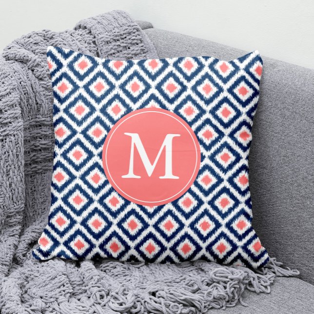 Monogrammed Navy Blue Coral Diamonds Ikat Pattern Cushion (Creator Uploaded)