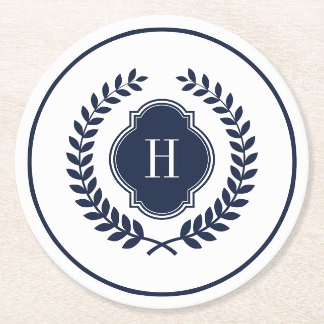 Monogrammed Navy-Blue Crest Wreath Circle Frame Round Paper Coaster (Front)