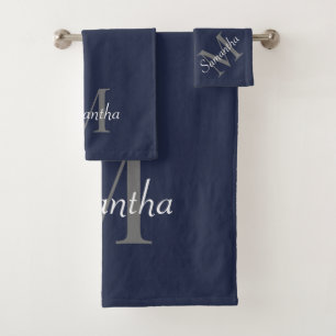 Monogrammed Navy Blue Grey Modern Bath Towel Set