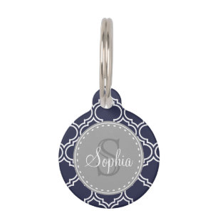 Monogrammed Navy Blue Lattice Pattern Pet Tag