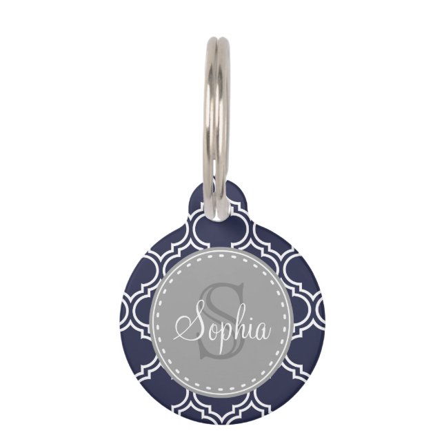 Monogrammed Navy Blue Lattice Pattern Pet Tag (Front)