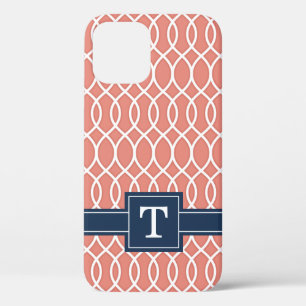 Monogrammed Navy Blue Pink Lattice Pattern iPhone 12 Case