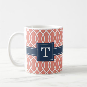 Monogrammed Navy Blue Pink Lattice Pattern Coffee Mug