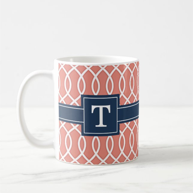 Monogrammed Navy Blue Pink Lattice Pattern Coffee Mug (Left)