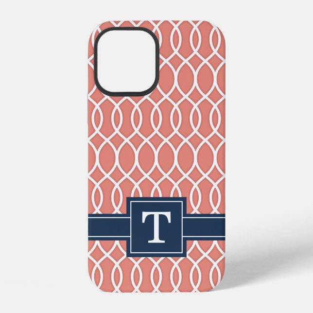 Monogrammed Navy Blue Pink Lattice Pattern iPhone Case (Back)