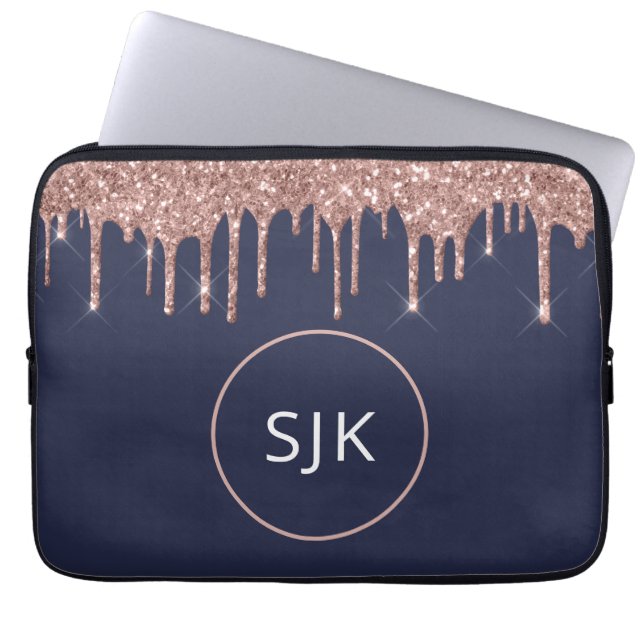 Monogrammed Navy Blue Rose Gold Glitter Drips Laptop Sleeve (Front)
