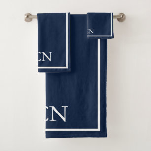 Monogrammed Navy Blue White Border Classic  Bath Towel Set