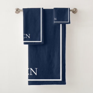 Monogrammed Navy Blue White Border Classic  Bath Towel Set
