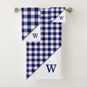 Monogrammed Navy Blue White Buffalo Plaid Pattern Bath Towel Set