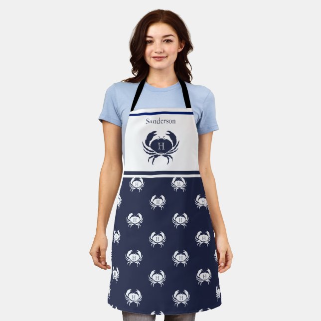 Monogrammed Navy Blue White Crab Nautical Apron (Worn)