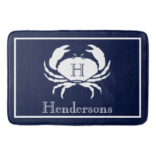 Monogrammed Navy Blue White Crab Nautical Bath Mat