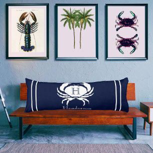 Monogrammed Navy Blue White Crab Nautical Body Cushion