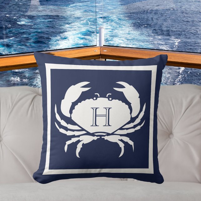 Monogrammed Navy Blue White Crab Nautical Cushion (Creator Uploaded)
