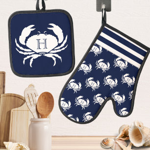 Monogrammed Navy Blue White Crab Nautical Oven Mitt & Pot Holder Set
