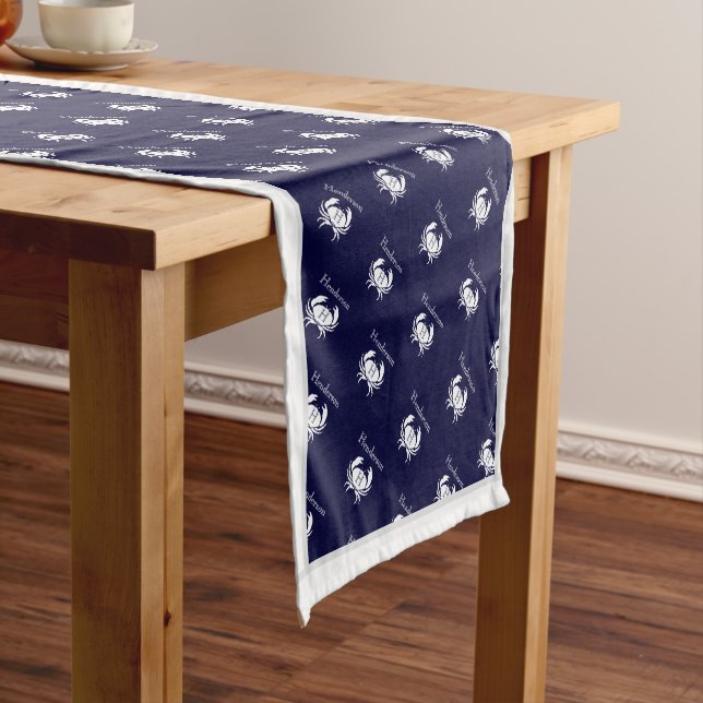 Monogrammed Navy Blue White Crab Nautical Short Ta Table Runner (In Situ)