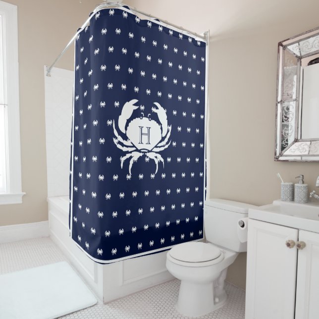 Monogrammed Navy Blue White Crab Nautical  Shower Curtain (In Situ)