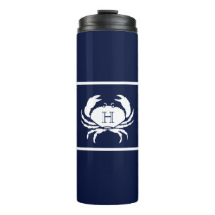 Monogrammed Navy Blue White Crab Nautical  Thermal Tumbler