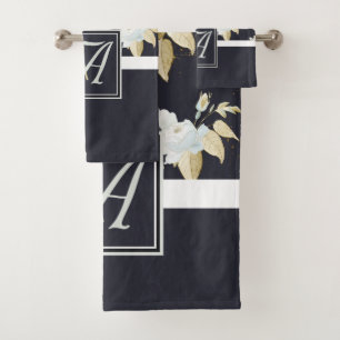 Monogrammed Navy Blue White Floral Decor Anemone Bath Towel Set
