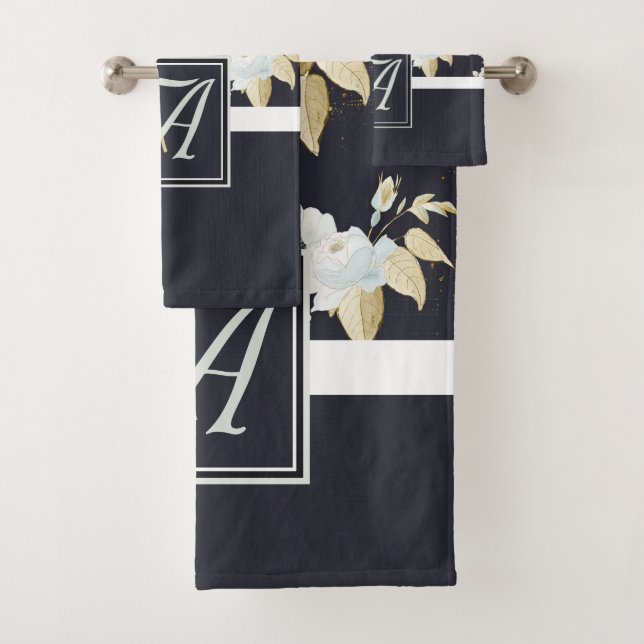 Monogrammed Navy Blue White Floral Decor Anemone Bath Towel Set (Insitu)