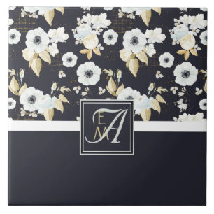 Monogrammed Navy Blue White Floral Decor Anemone Ceramic Tile