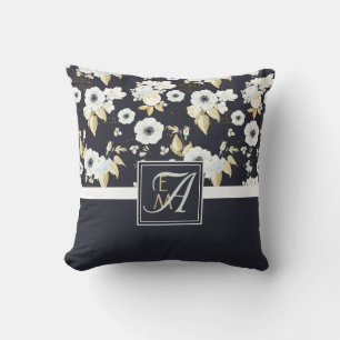 Monogrammed Navy Blue White Floral Decor Anemone Cushion
