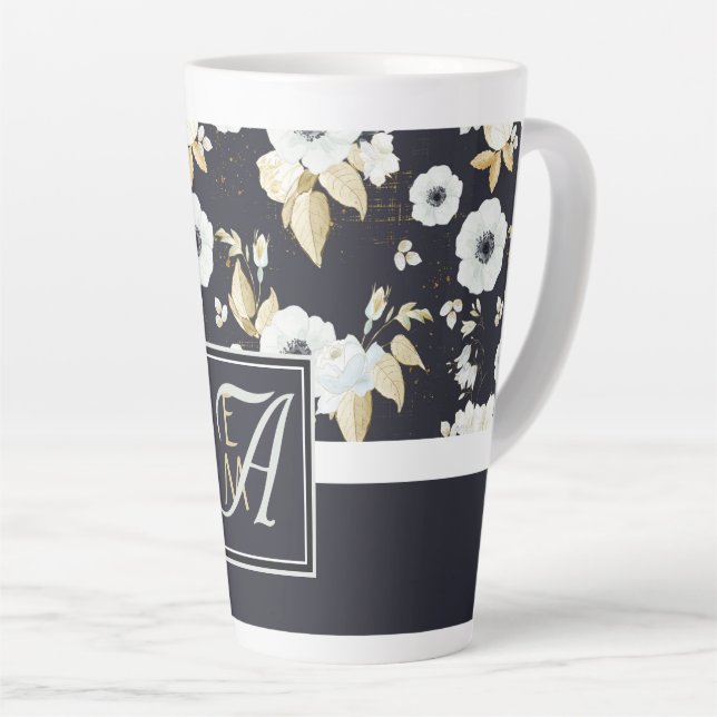 Monogrammed Navy Blue White Floral Decor Anemone Latte Mug (Right Angle)